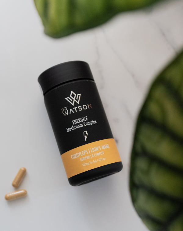 Dr Watson Energize Mushroom & Multivitamin Capsules with Cordyceps, Lions Mane, Ginseng & Vitamin B Complex.