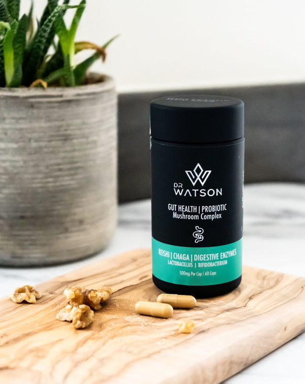 Dr Watson Gut Health Mushroom & Probiotic Formula capsules. With clinically proven ingredients to support your gut and digestion. Reishi, Chaga & Multiple digestive enzymes.