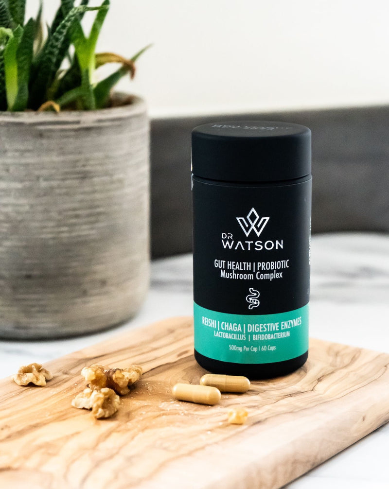 Dr Watson Gut Health Mushroom & Probiotic Formula capsules. With clinically proven ingredients to support your gut and digestion. Reishi, Chaga & Multiple digestive enzymes.